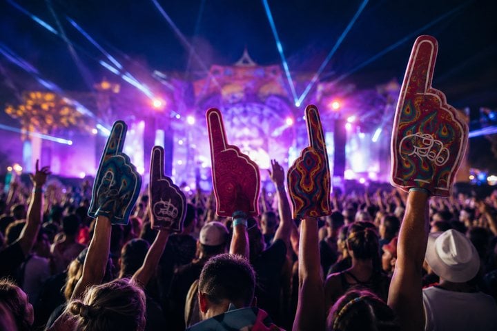 Full-color printed foam fingers at a concert crowd