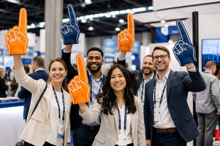 Branded foam fingers at a corporate event booth