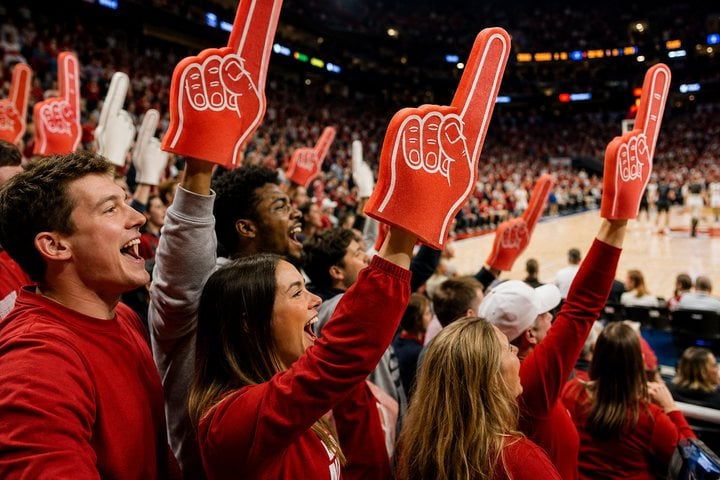 Custom foam fingers held up by fans at a sports team game