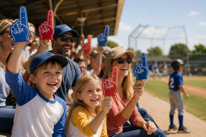 Kids holding mini foam fingers at a youth league game